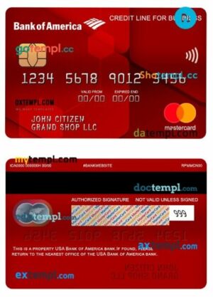 USA Bank of America bank credit line for business mastercard template in PSD format