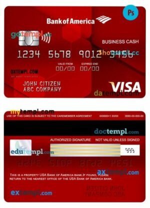 USA Bank of America bank visa business cash card template in PSD format