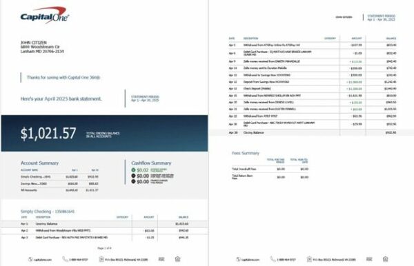 USA Capital One statement of account Word and PDF template, 2 pages