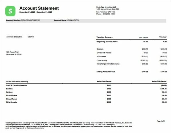 USA Cash App Investing account statement Word and PDF template
