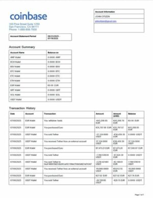 USA Coinbase account statement Word and PDF template