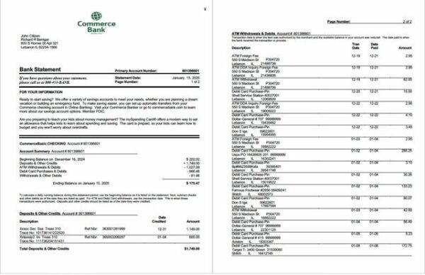 USA Commerce Bank statement Word and PDF template, 2 pages