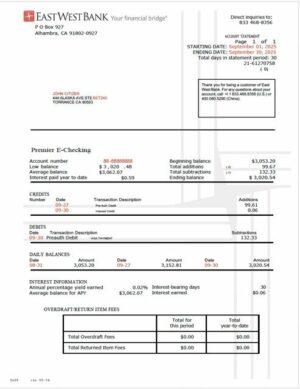 USA East West Bank account statement Word and PDF template