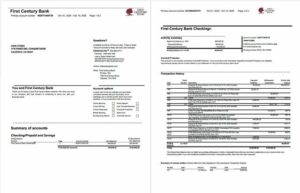 USA First Century Bank account statement Word and PDF template, 2 pages