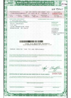 USA Maryland certificate of salvage in PSD format