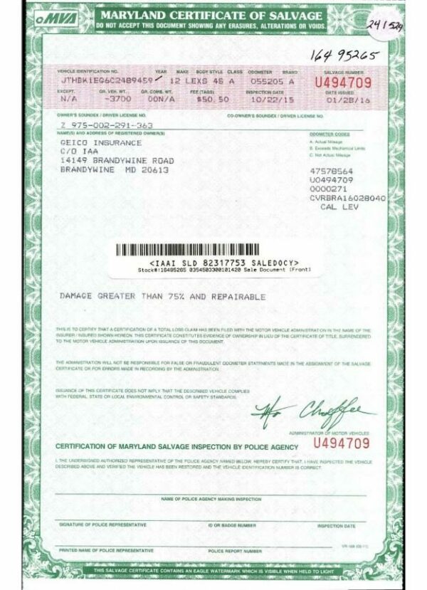 USA Maryland certificate of salvage in PSD format