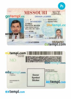 USA Missouri driving license PSD editable template, 2021-present