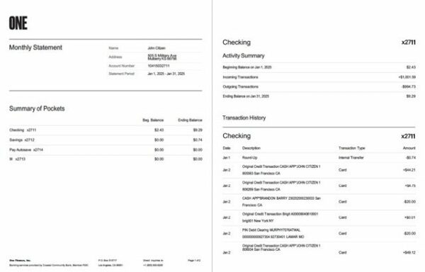 USA One Finance, Inc. bank statement Word and PDF template, 2 pages