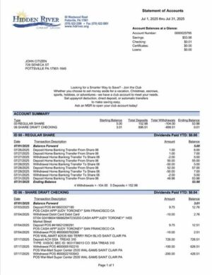 USA Pennsylvania Hidden River Credit Union statement of account Word and PDF template