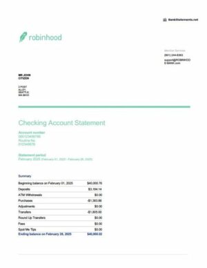 USA Robinhood Banking account statement Word and PDF template