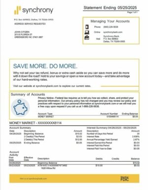 USA Synchrony Bank statement Word and PDF template