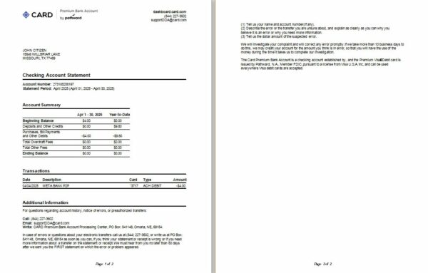 USA TX Card premium bank account statement Word and PDF template
