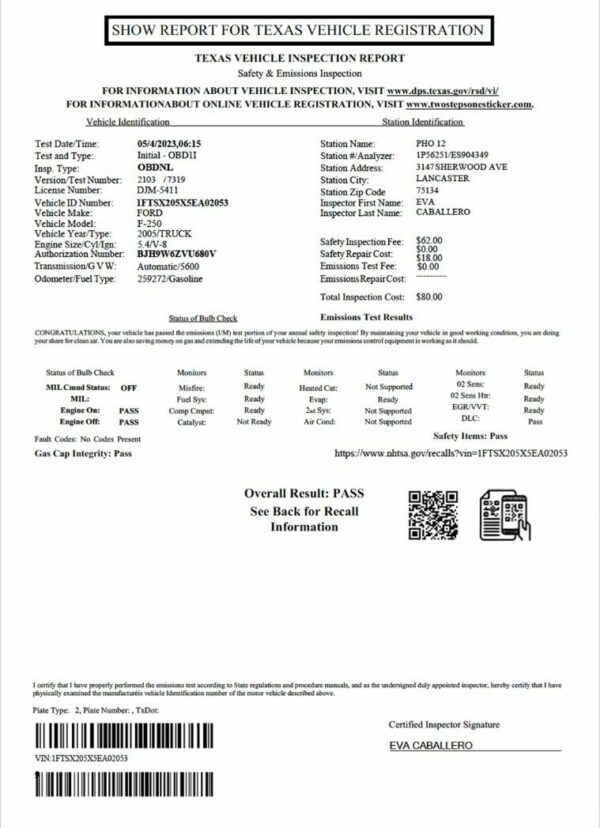 USA Texas vehicle inspection report in PSD format