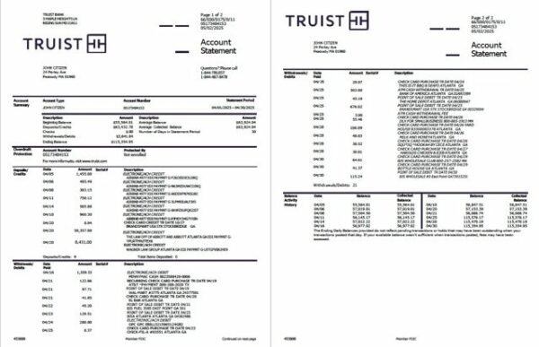 USA Truist Bank account statement Word and PDF template, 2 pages