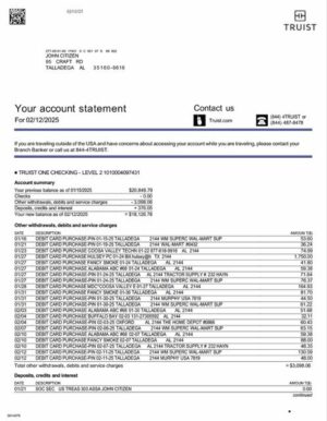USA Truist Bank account statement Word and PDF template