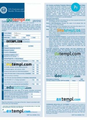 USA arrival card template in PSD format