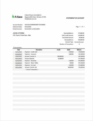 Ukraine A-Bank statement of account Word and PDF template