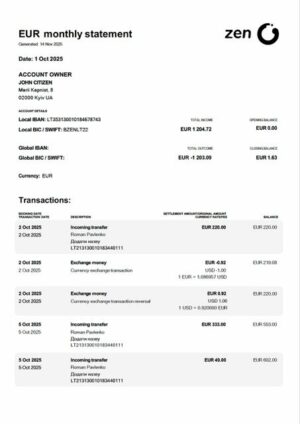 Ukraine ZEN account statement Word and PDF template