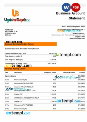 Unionbank company statement Word and PDF format