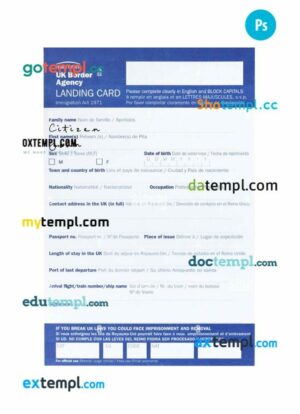 United Kingdom arrival card template in PSD format