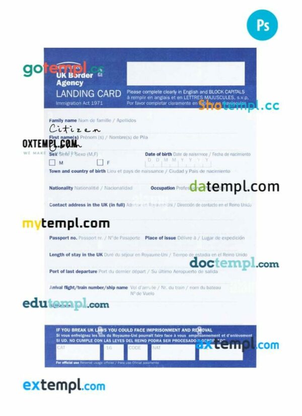 United Kingdom arrival card template in PSD format