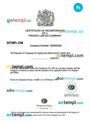 United Kingdom company certificate of incorporation PSD template