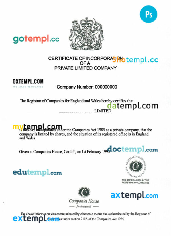 United Kingdom company certificate of incorporation PSD template
