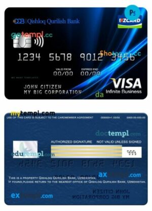 Uzbekistan Qishloq Qurilish Bank visa infinite business card template in PSD format