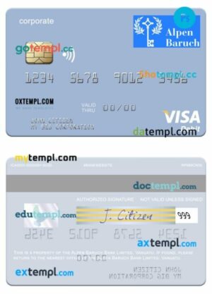 Vanuatu Alpen Baruch Bank Limited corporate visa debit card template in PSD format
