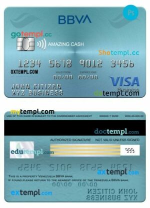 Venezuela BBVA bank visa Cash business card template in PSD format