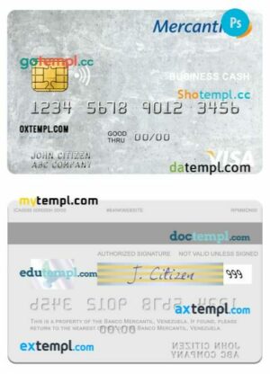 Venezuela Banco Mercantil business cash visa card template in PSD format