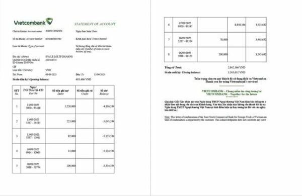 Vietnam Vietcombank statement of account Word and PDF template, 2 pages
