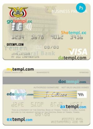 Yemen Central Bank of Yemen visa business premier card template in PSD format