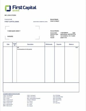 Zambia First Capital Bank account statement Word and PDF template