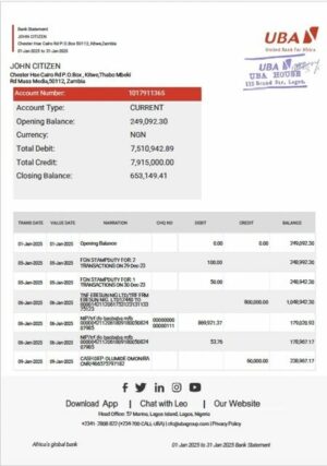 Zambia United Bank for Africa bank statement Word and PDF template