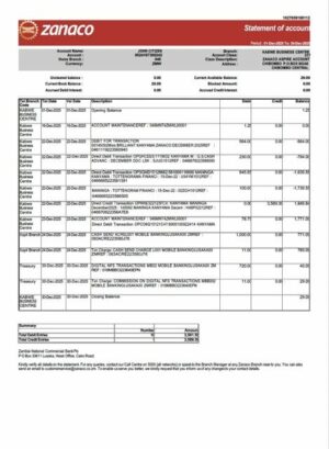 Zambia Zanaco Bank statement of account Word and PDF template