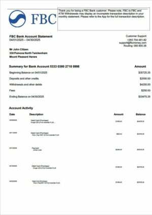 Zimbabwe FBC Bank account statement Word and PDF template