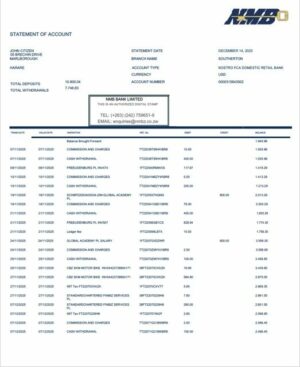 Zimbabwe NMB Bank statement of account Word and PDF template
