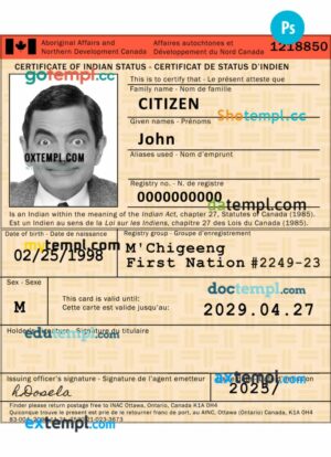 Canada certificate of Indian status template in PSD format