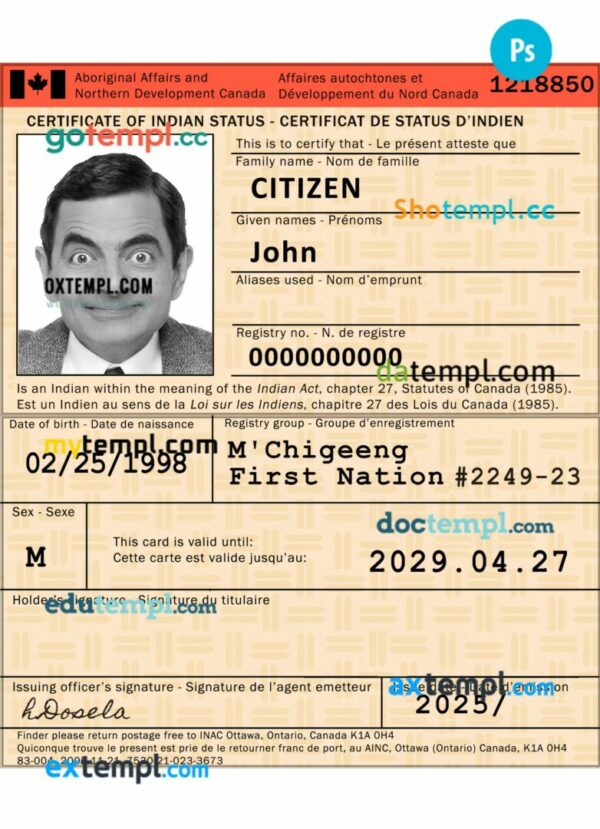 Canada certificate of Indian status template in PSD format