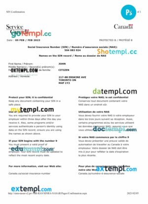 Canada social insurance number (SIN) confirmation template in PSD format