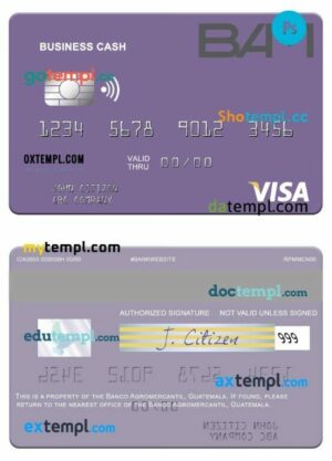 Guatemala Banco Agromercantil visa business cash card template in PSD format