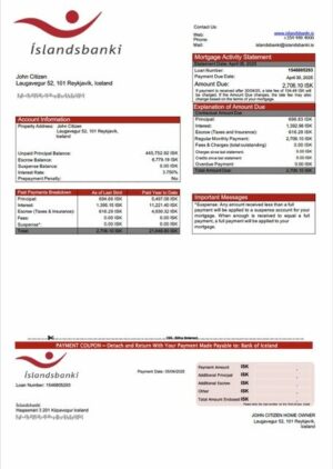 Iceland Bank of Iceland (Íslandsbanki) mortgage statement Word and PDF template