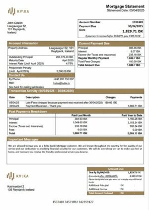 Iceland Kvika Banki mortgage statement Word and PDF template