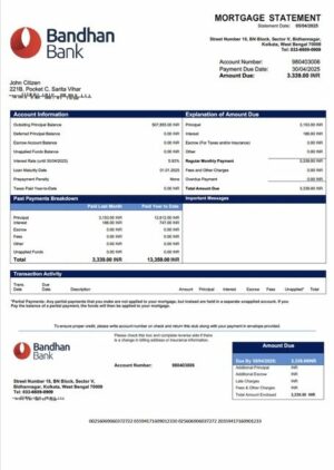 India Bandhan Bank mortgage statement Word and PDF template