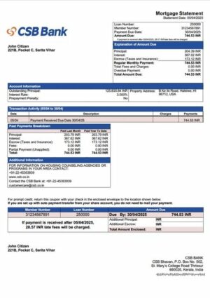 India CSB Bank mortgage statement Word and PDF template