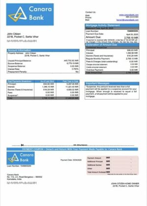 India Canara Bank mortgage statement Word and PDF template