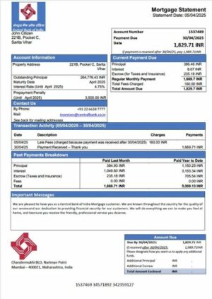 India Central Bank of India mortgage statement Word and PDF template