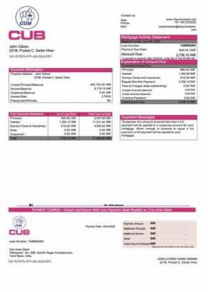 India City Union Bank mortgage statement Word and PDF template