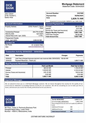 India DCB Bank mortgage statement Word and PDF template